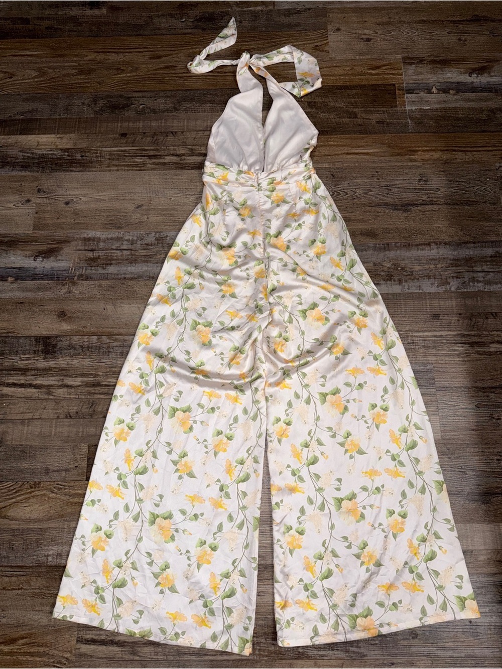 Hello Molly White Floral Halter Wide Leg Jumpsuit Yellow Green Small US 4 - Picture 6 of 10